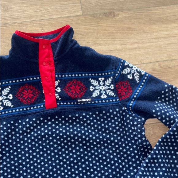 Lands' End Heritage Fleece snap placket pullover blue & white snowflake small - Picture 3 of 7